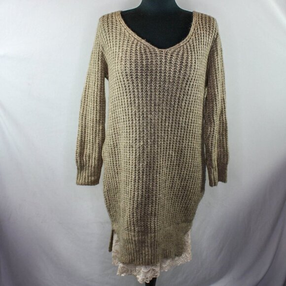 Makadamia Sweater Dress Lace Trim V Scoop Neck Acrylic Mohair Wool Tan B… - Picture 1 of 7